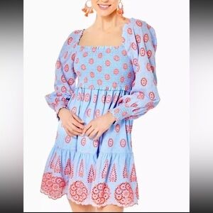 Lilly Pulitzer Raina Eyelet Smocked Long Sleeve Dress Size XL Blue Pink MINT